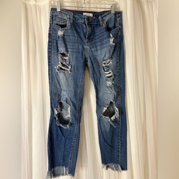 Cello Denim - Cello Blue Denim Distressed Straight Leg Jeans